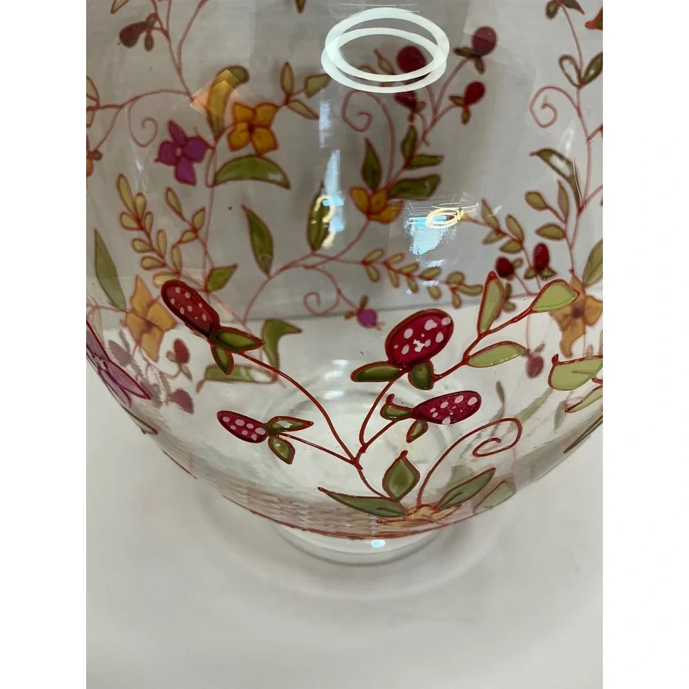 Hand Painted Glass Vase Floral Berry Vine Clear 9.5 Inch Cottagecore